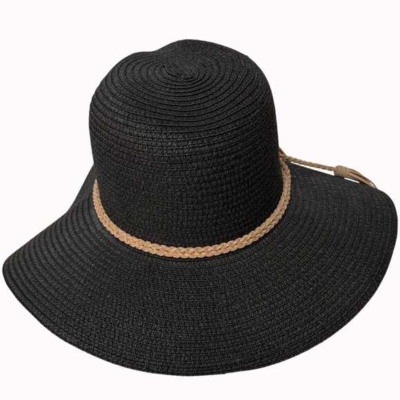 MudPie Wide Brim Sun Hat Boho Floppy Black Braided Band Tassels Beach Cruise main image 7